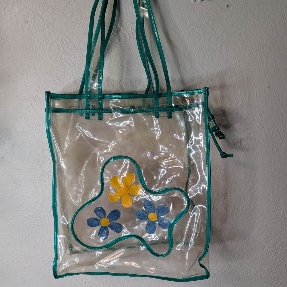 Clear Floral PVC Tote Bag with Teal Trim